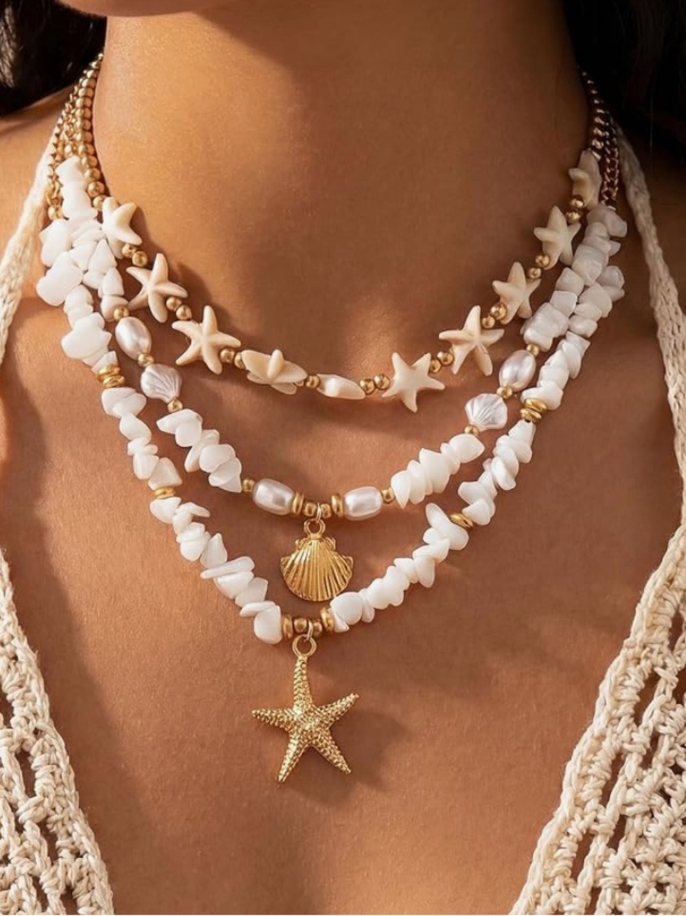 Anthropologie Gold and White Layered Shell & Starfish Necklace Set